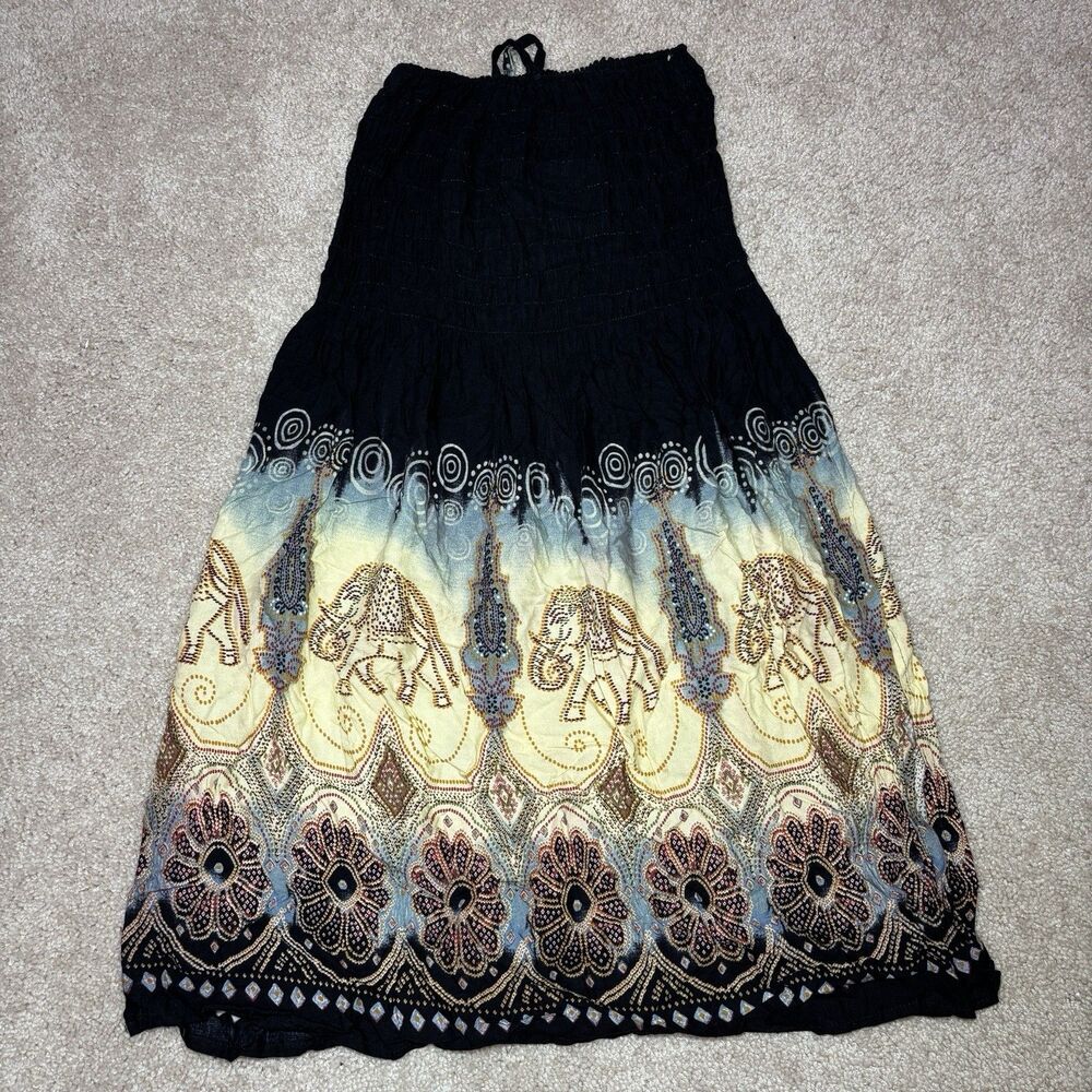 Elephant & Flower Print Ruffled Flowy Rayon Skirt 31" Long Elastic Waist & Slits